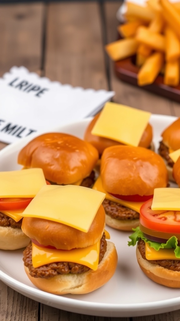 A delicious platter of mini cheeseburger sliders with cheese, lettuce, and tomato on a wooden table with fries.